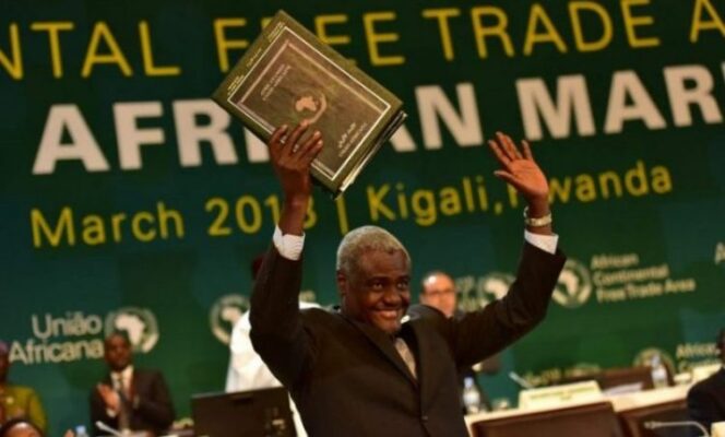AUC Chairperson Moussa Faki Mahamat could not hide his joy after 44 African leaders signed the deal in March 2018