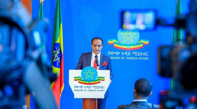 Ambassador Meles Alem, spokesperson of the Ministry of Foreign Affairs, speaking at a press briefing in Addis Ababa.