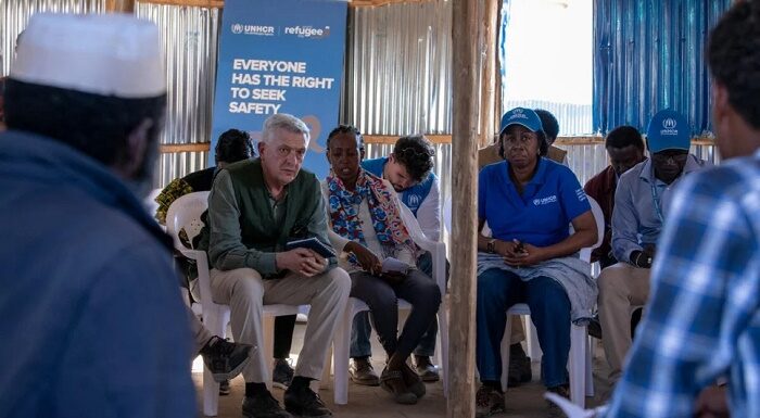Filippo Grandi, UN High Commissioner for Refugees, meets with some of the Eritrean refugees recently relocated to the Alemwach refugee site.