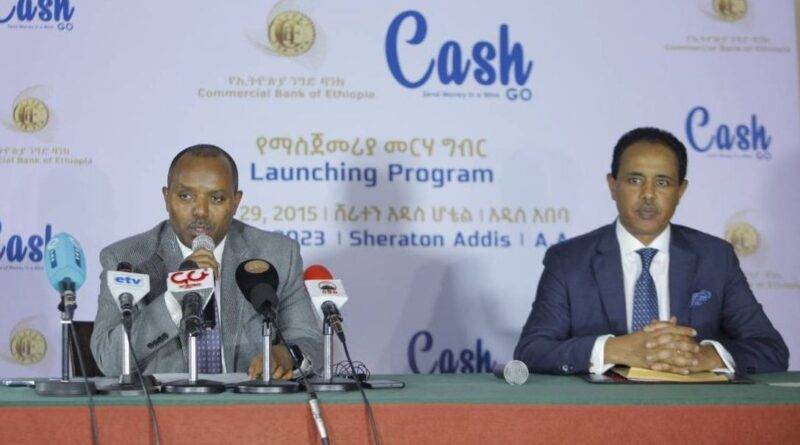 President of Commercial Bank of Ethiopia, Abie Sano (Left) and CEO of Golden Coffee Roastery, Teodros Sheferaw, speaking at a press briefing on Friday, April 7, 2023.