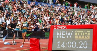 Gudaf Tsegay crossing the finishing line when breaking the world 5000m record in the Diamond League finals On Sunday