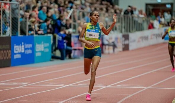 Freweyni Hailu wins the mile at the World Athletics Indoor Tour Gold meeting in Ostrava (Image © Sona Maleterova)