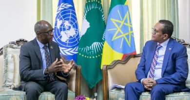 UNDP Ethiopia's new resident representative Samuel Gbaydee Doe (Left) presented copies of his Credentials to Melaku Bedada, Protocol Affairs Director General at the Foreign Ministry on Wednesday.